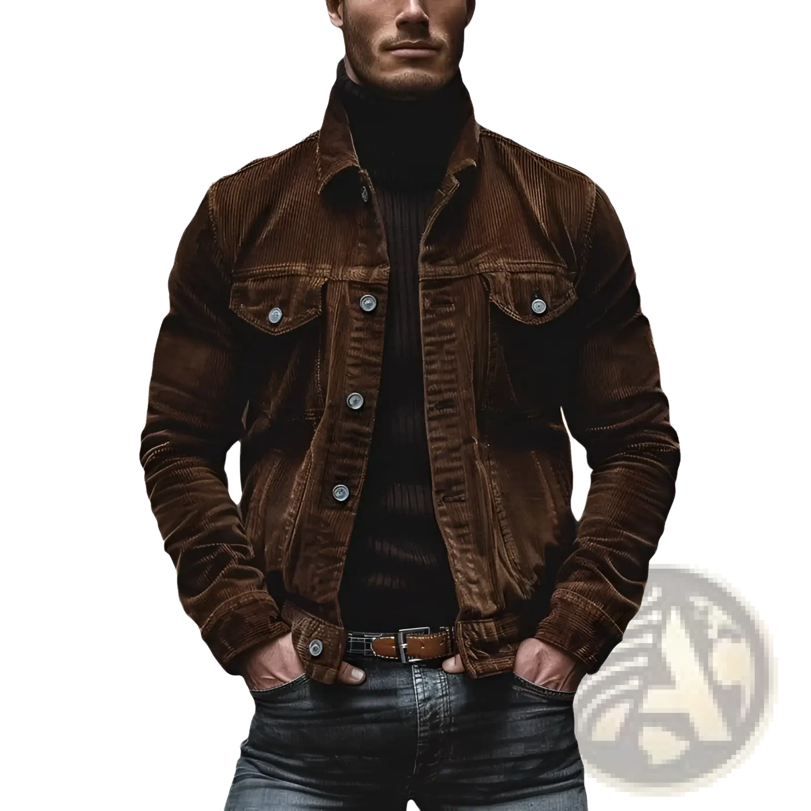 Brown corduroy denim jacket for men with silver buttons and a classic collar long sleeve button down shirt