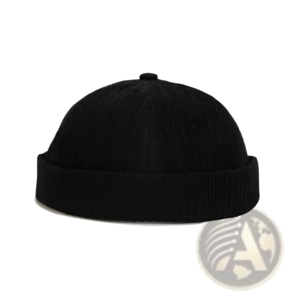 Black corduroy landlord beanie with ribbed texture and folded brim adjustable streetwear hat