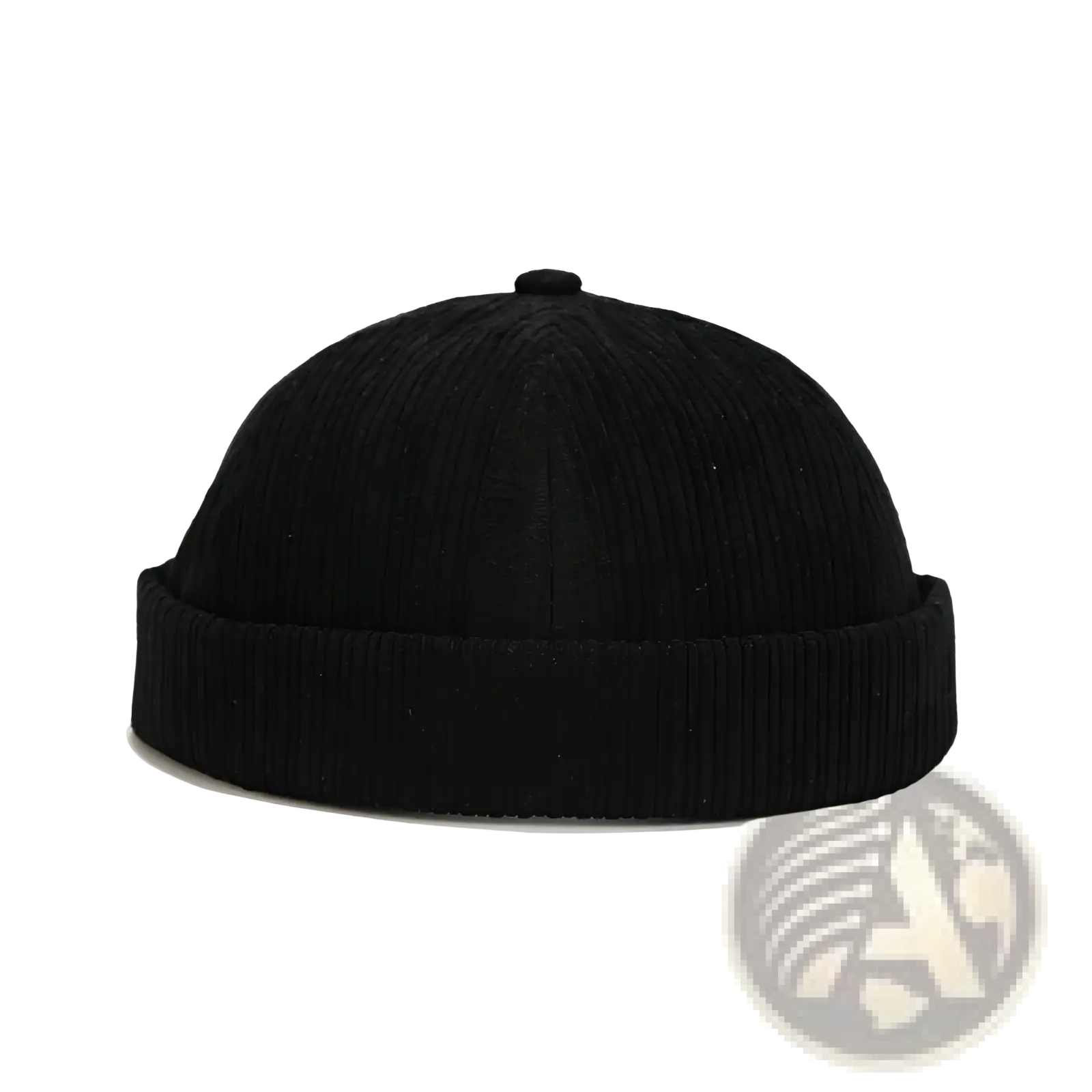 Black corduroy landlord beanie with ribbed texture and folded brim adjustable streetwear hat