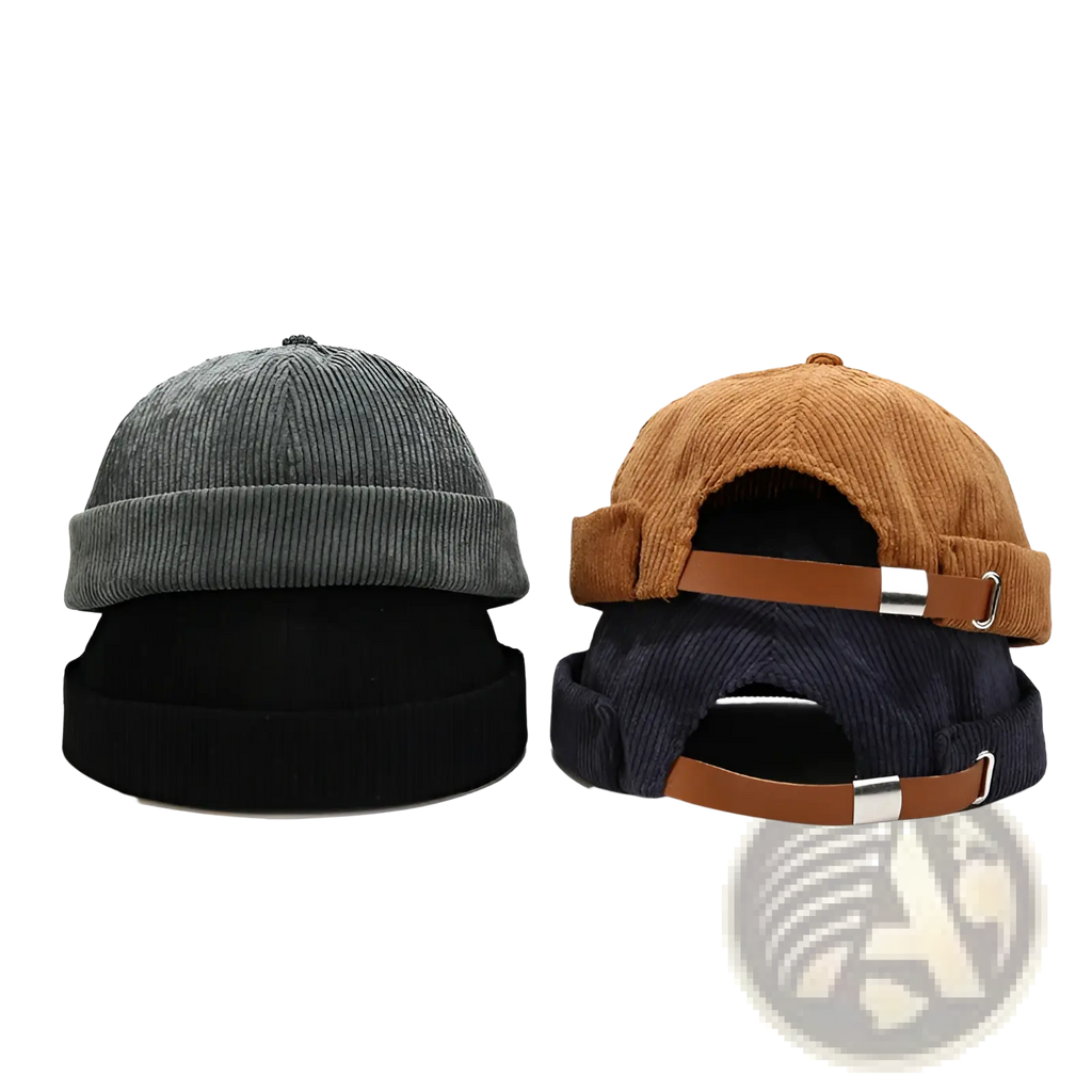Gray brown and navy corduroy landlord beanie hats with rolled brims and adjustable leather straps for streetwear