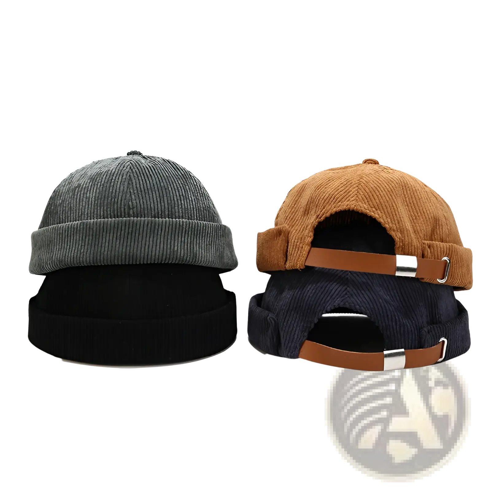 Gray brown and navy corduroy landlord beanie hats with rolled brims and adjustable leather straps for streetwear