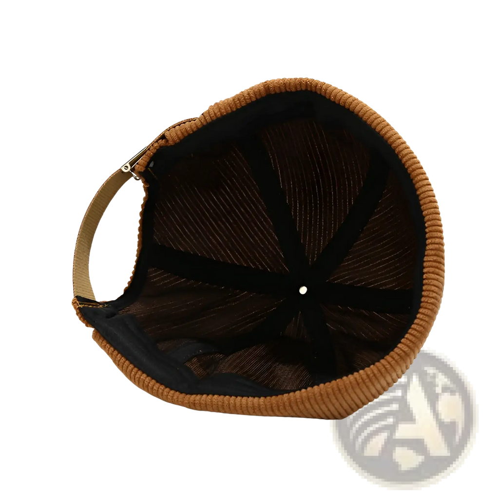 Tan corduroy landlord beanie adjustable streetwear hat with black mesh interior and adjustable strap shown from back