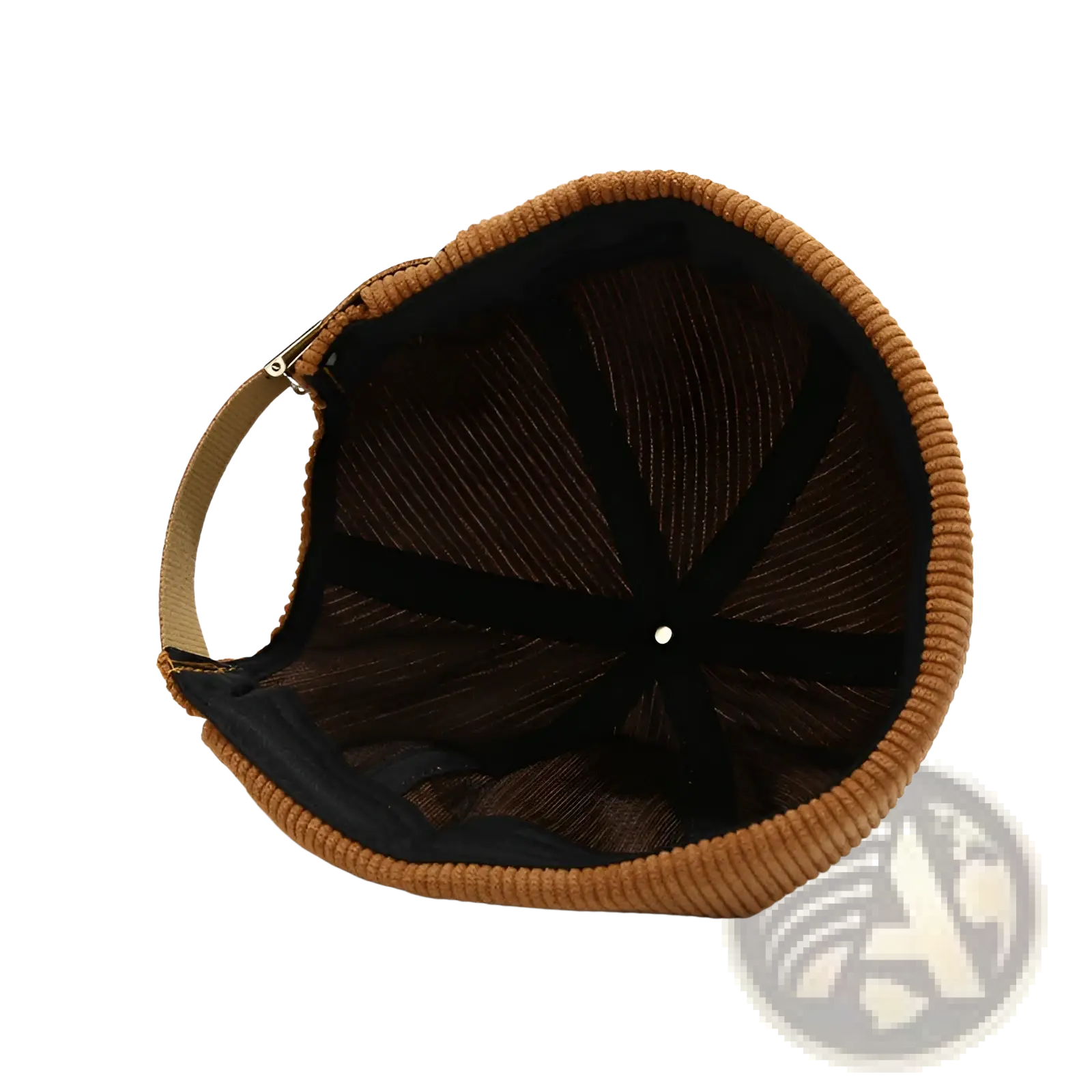 Tan corduroy landlord beanie adjustable streetwear hat with black mesh interior and adjustable strap shown from back