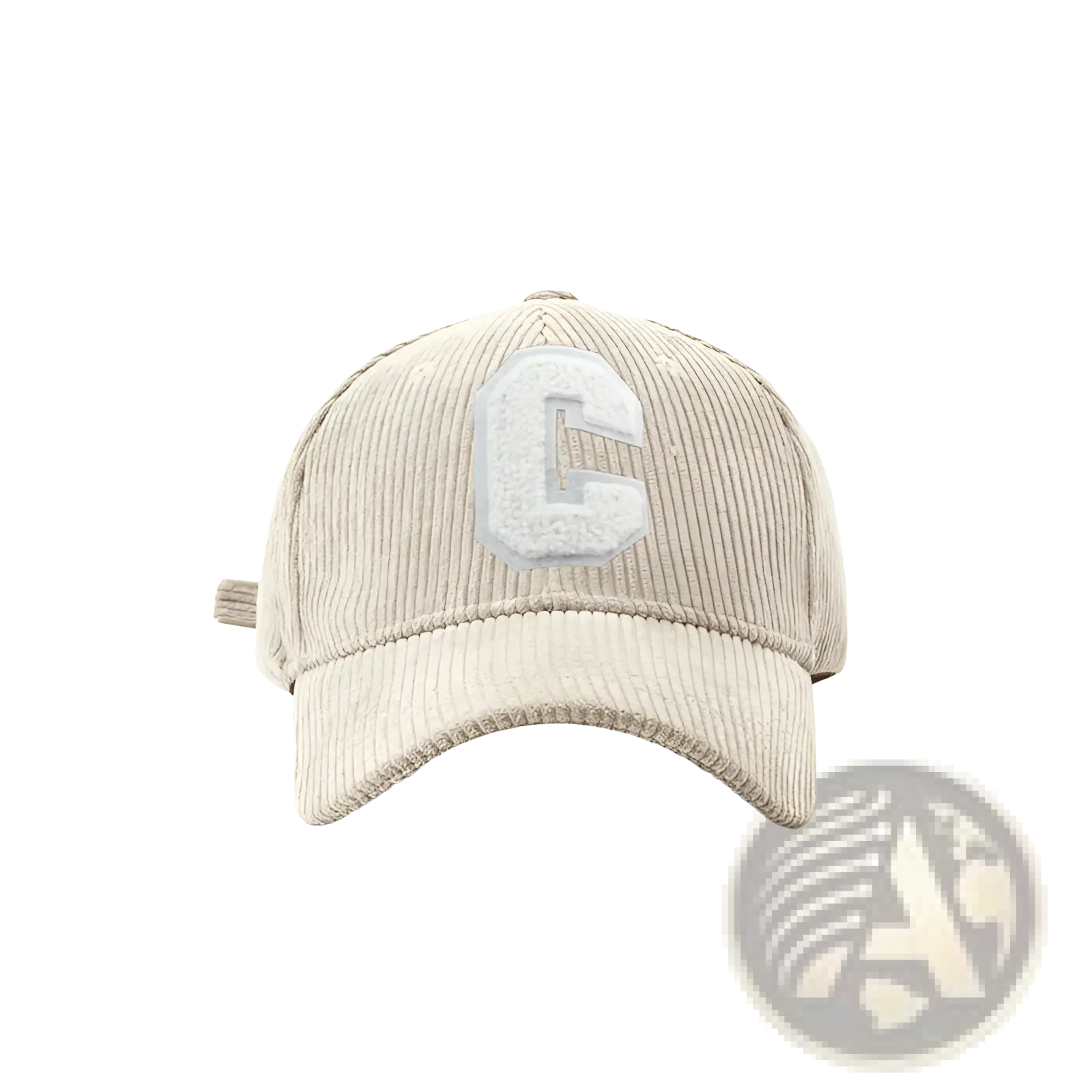 Beige corduroy baseball cap with a white textured embroidered letter c on the front for casual wear