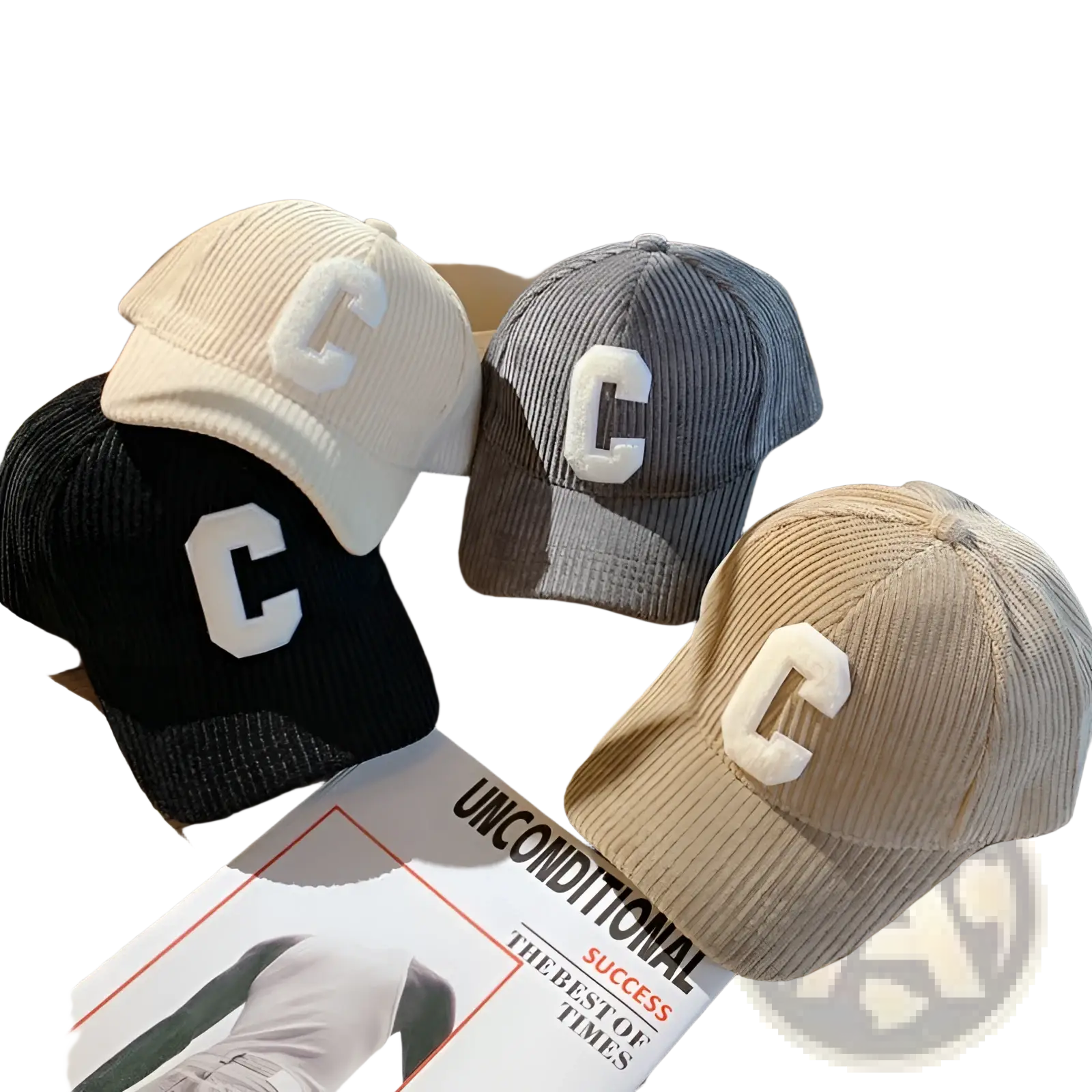 Three corduroy baseball caps in cream gray and black with a white embroidered letter c on the front