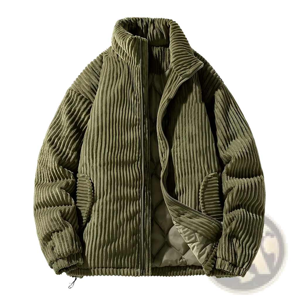 Olive green corduroy puffer jacket with quilted interior and ribbed texture for couples shown from the back side