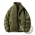 Olive green corduroy puffer jacket with quilted interior and ribbed texture for couples shown from the back side