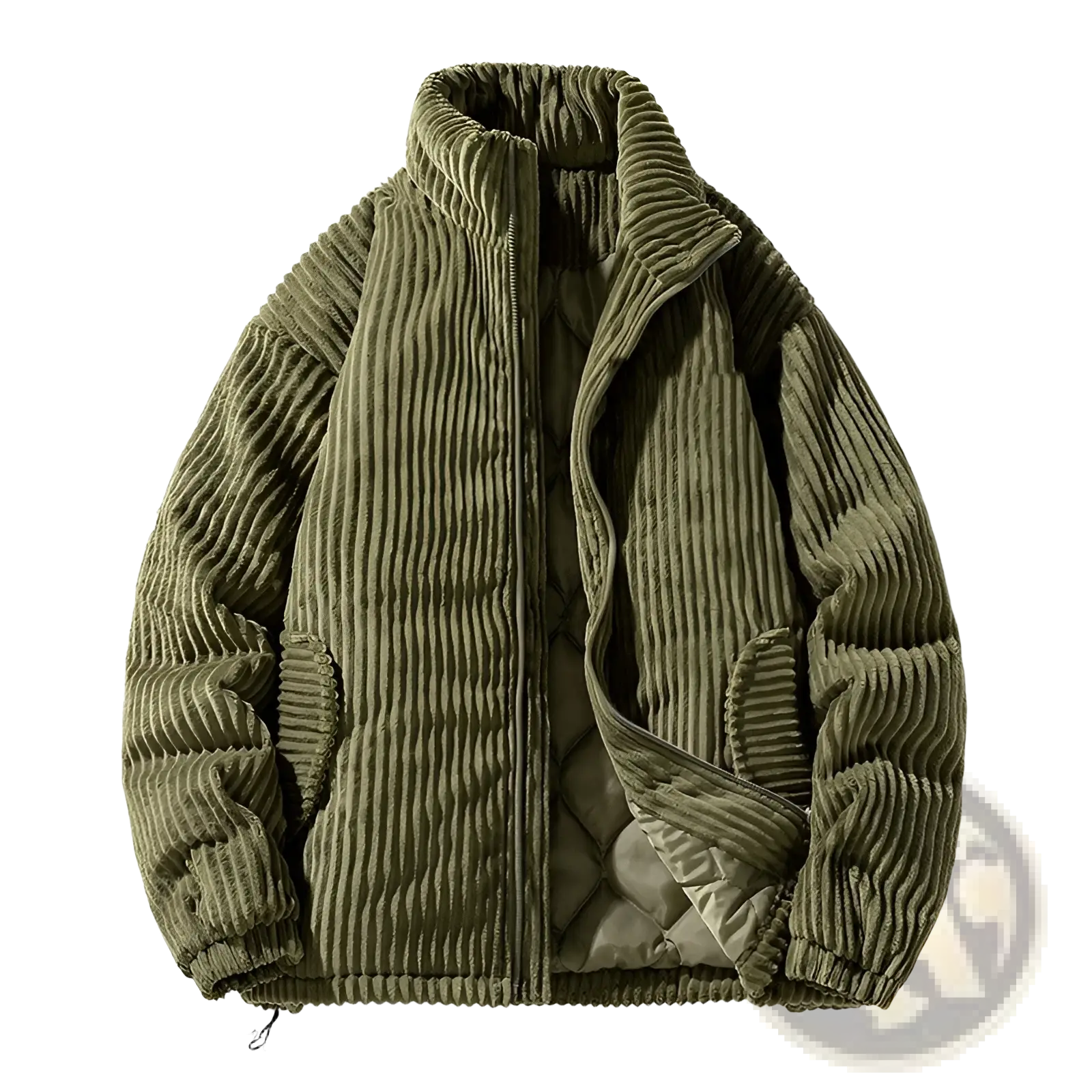 Olive green corduroy puffer jacket with quilted interior and ribbed texture for couples shown from the back side