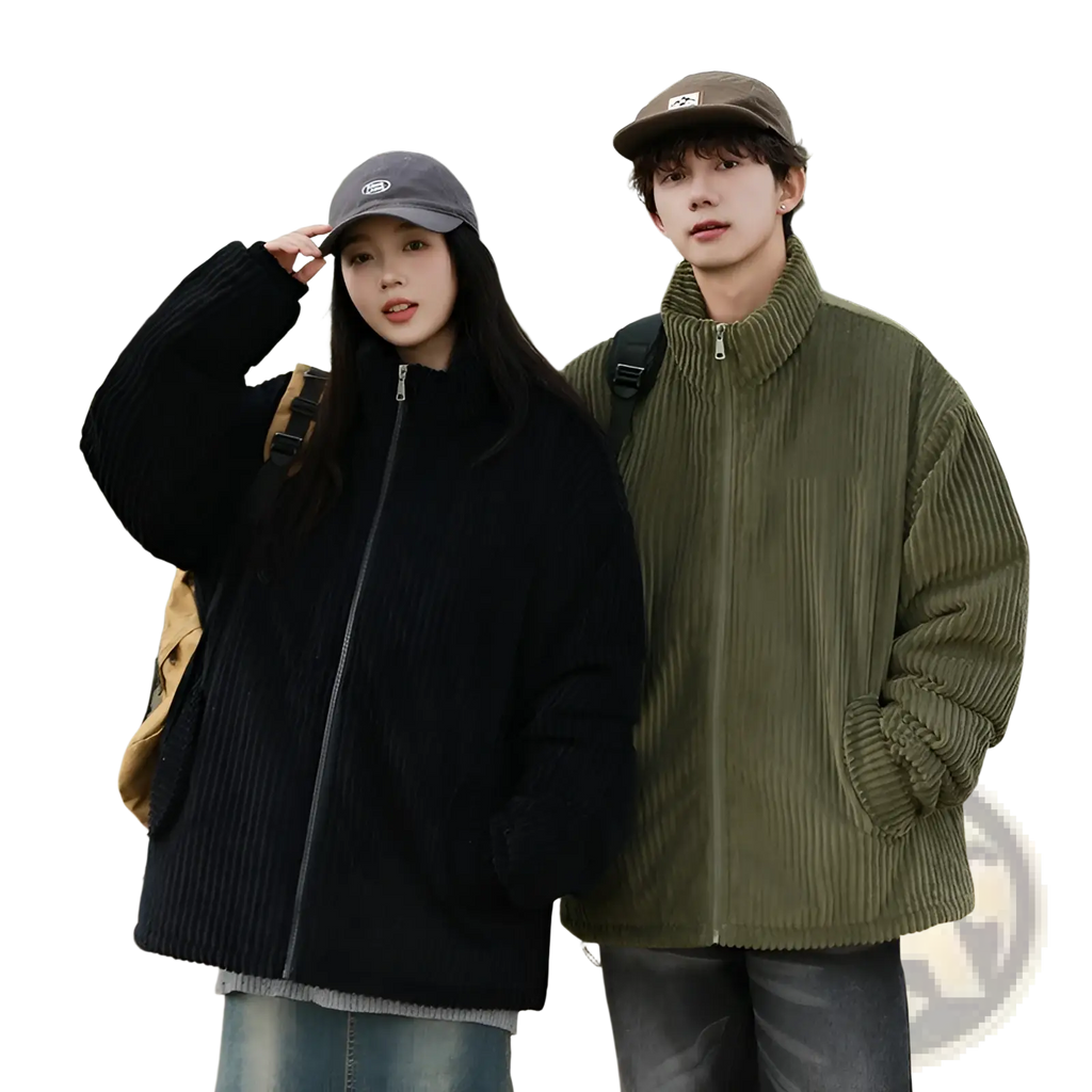 Black corduroy puffer jacket with ribbed texture and high collar designed for couples
