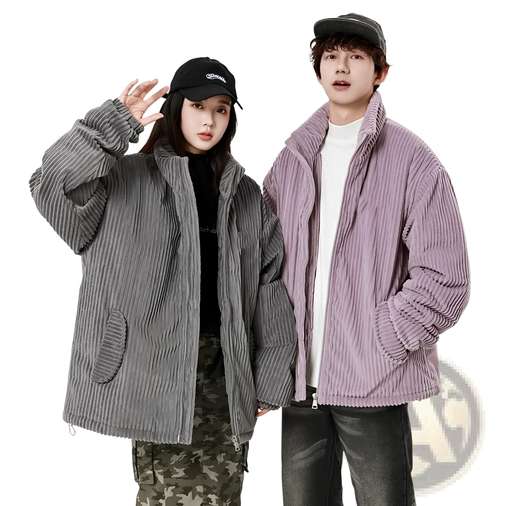 Gray and lavender corduroy puffer jackets for couples with ribbed texture and front pockets
