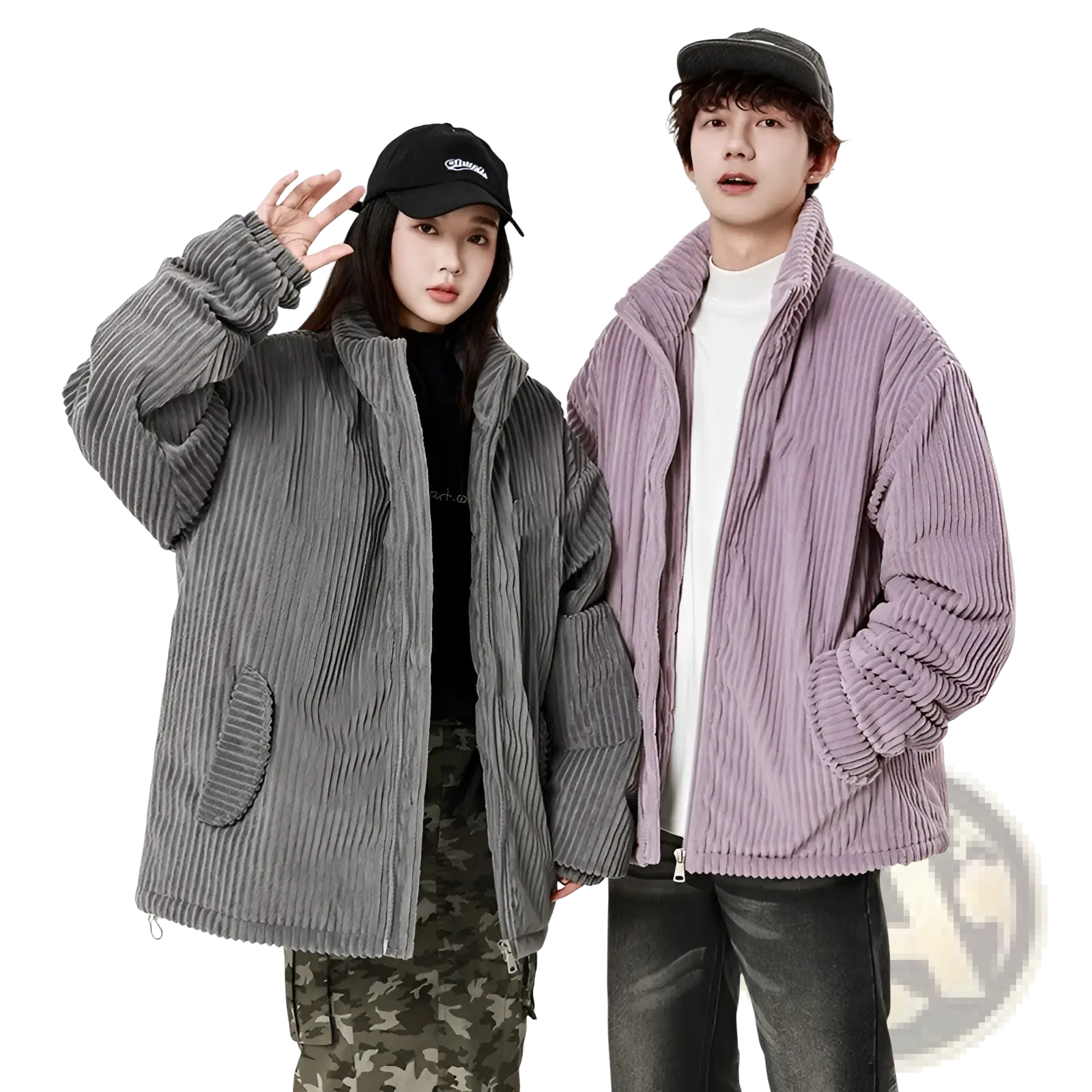 Gray and lavender corduroy puffer jackets for couples with ribbed texture and front pockets