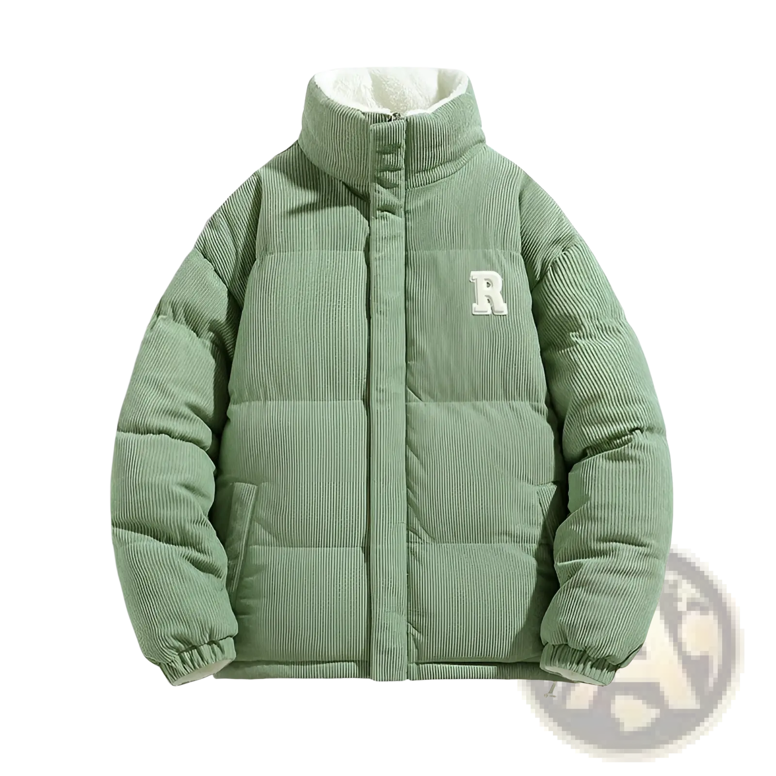 A mint green corduroy puffer jacket with a white embroidered r and cream fleece-lined collar for warmth