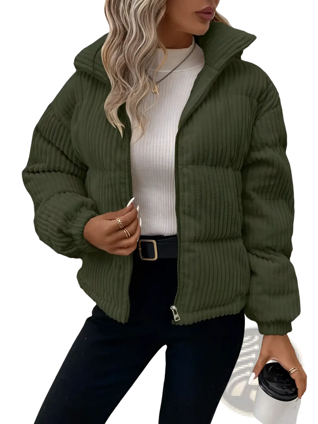 Olive green corduroy puffer jacket with hood and front zipper for plus size women winter coat