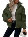 Olive green corduroy puffer jacket with hood and front zipper for plus size women winter coat