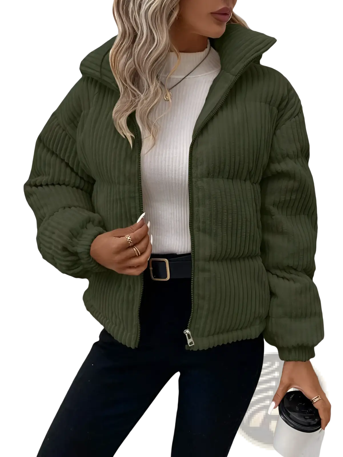 Olive green corduroy puffer jacket with hood and front zipper for plus size women winter coat