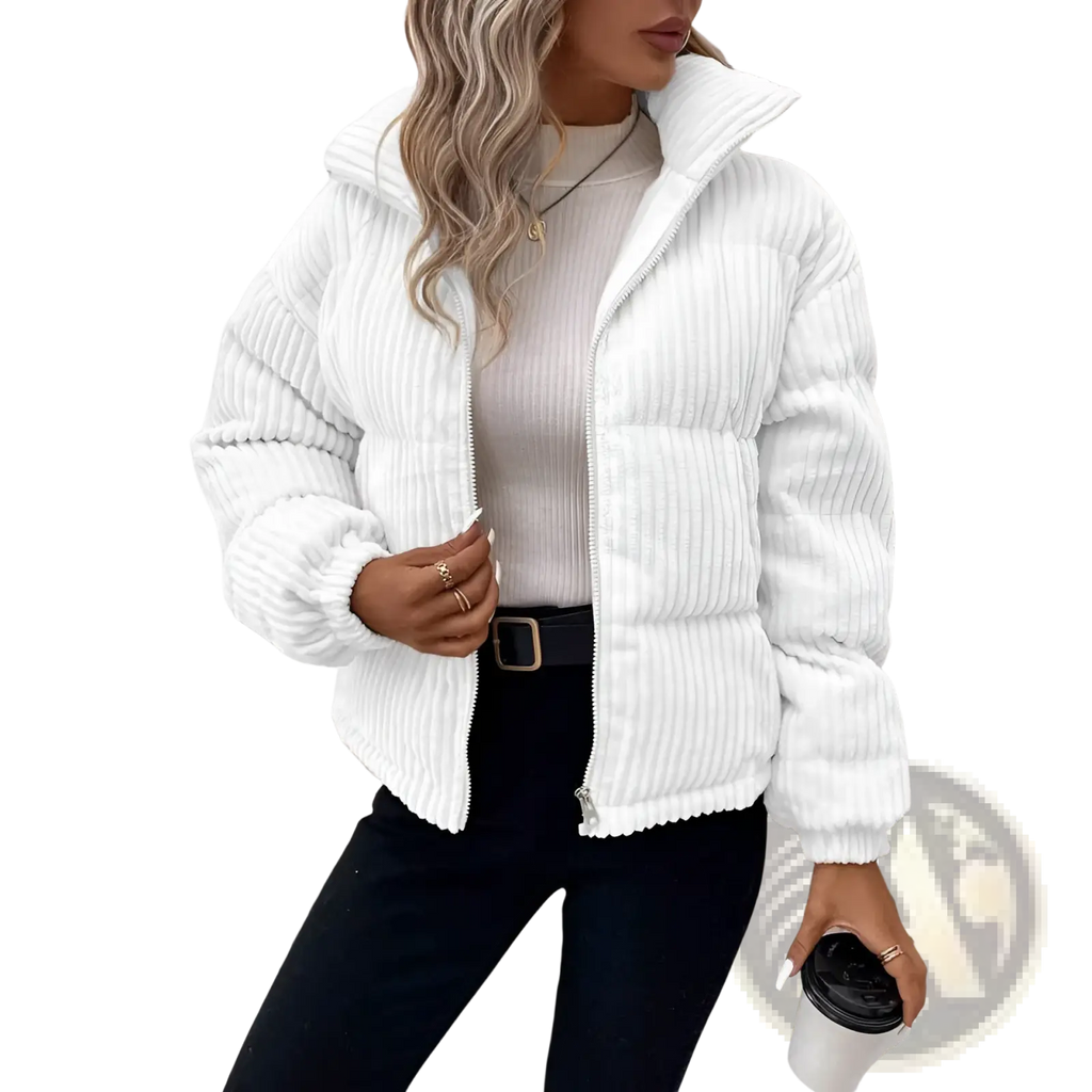 White corduroy puffer jacket with hood and zipper closure for plus size women winter coat front view