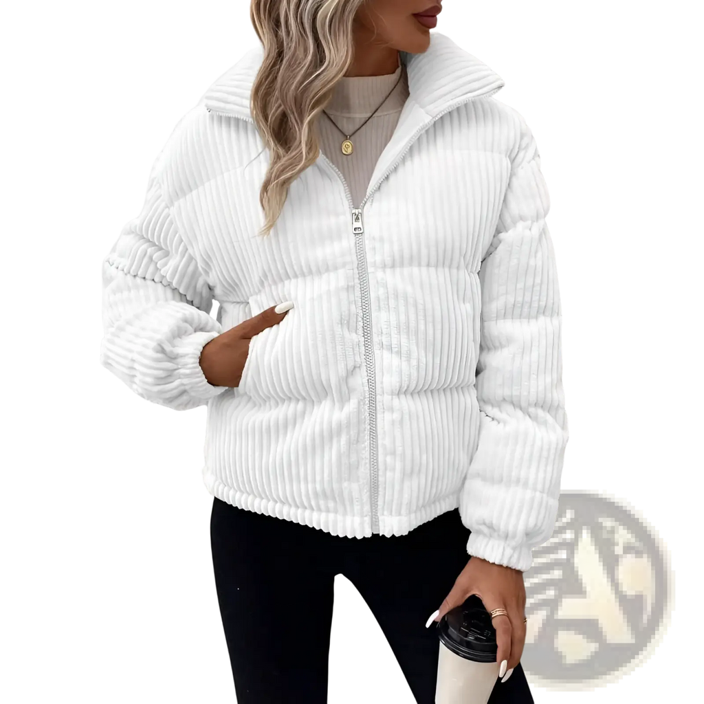 White corduroy puffer jacket with high collar and front zipper in plus size women winter coat design