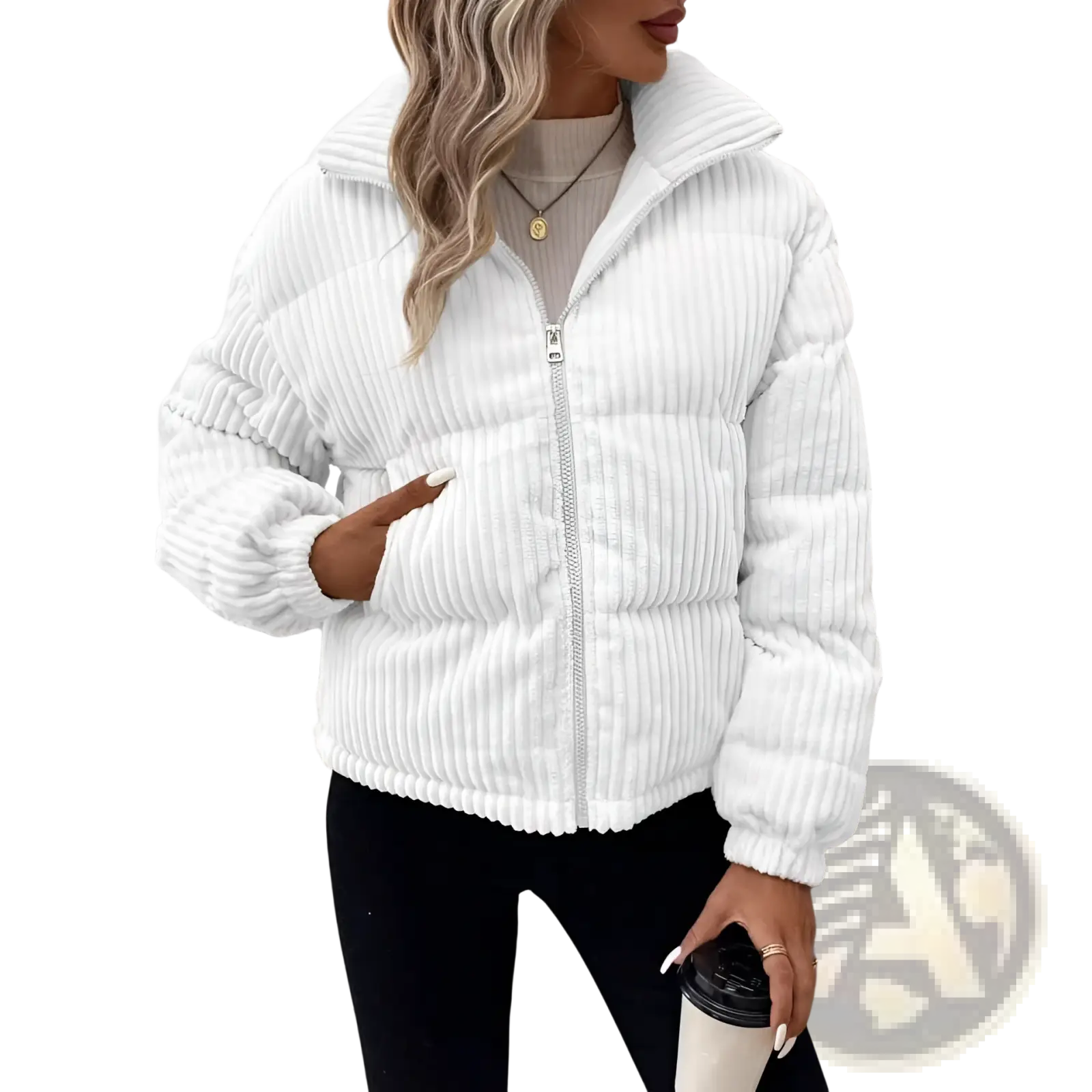 White corduroy puffer jacket with high collar and front zipper in plus size women winter coat design