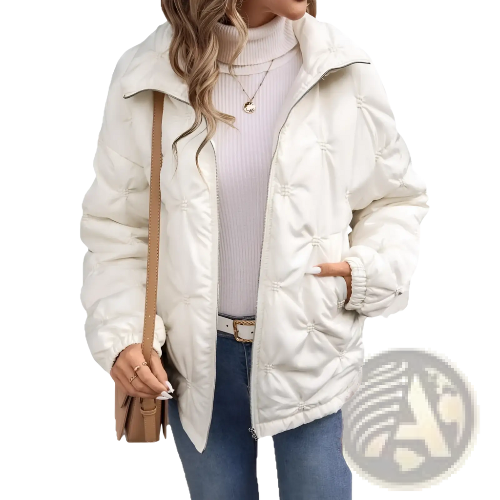 Cream-colored quilted corduroy puffer jacket with high collar and elastic cuffs for plus size women winter coat