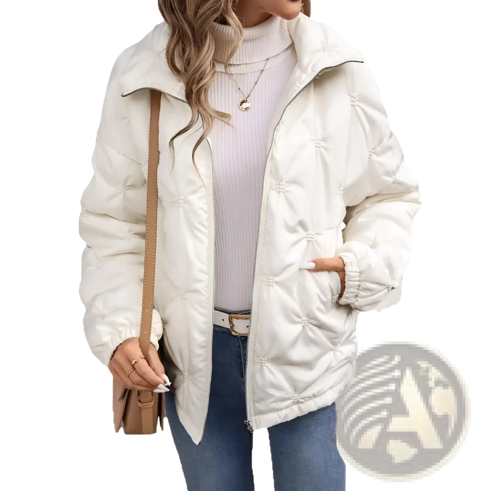 Cream-colored quilted corduroy puffer jacket with high collar and elastic cuffs for plus size women winter coat