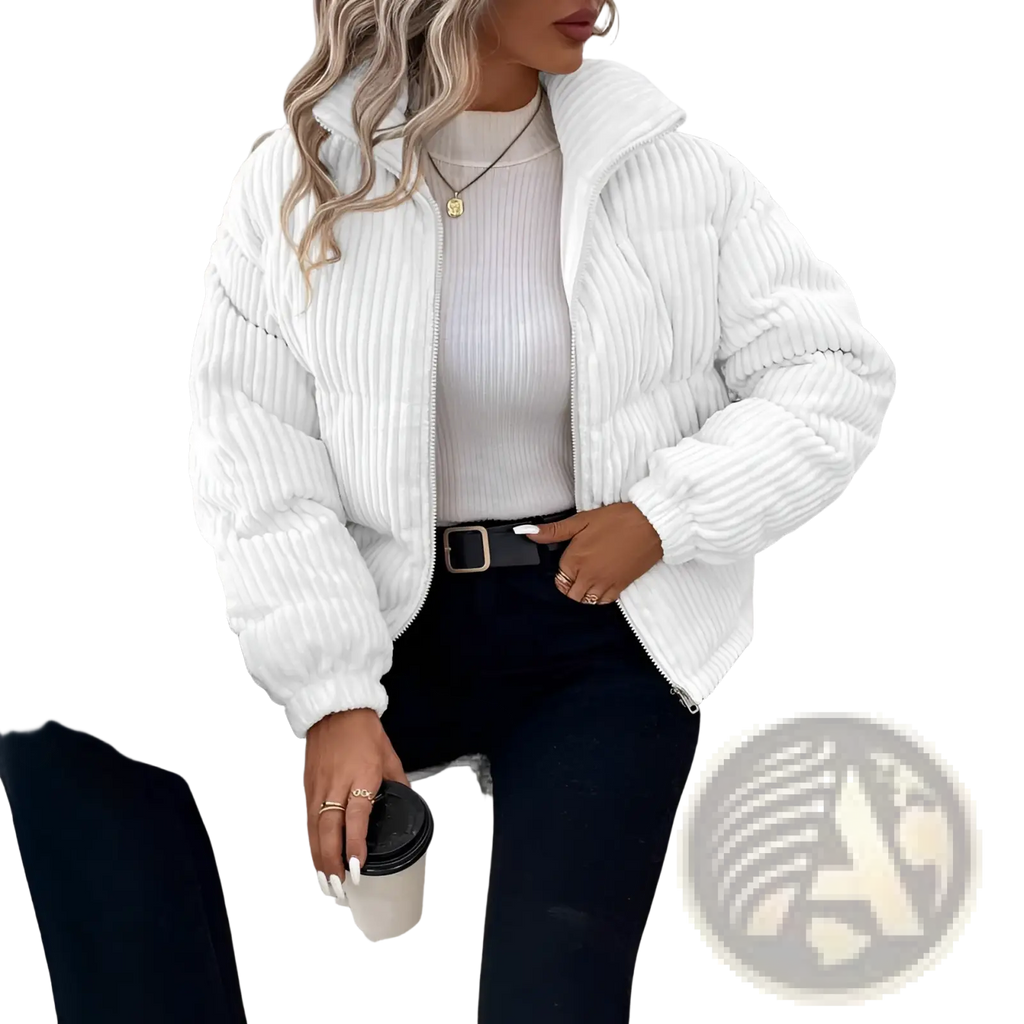 White corduroy puffer jacket with high collar and zipper front for plus size women winter coat