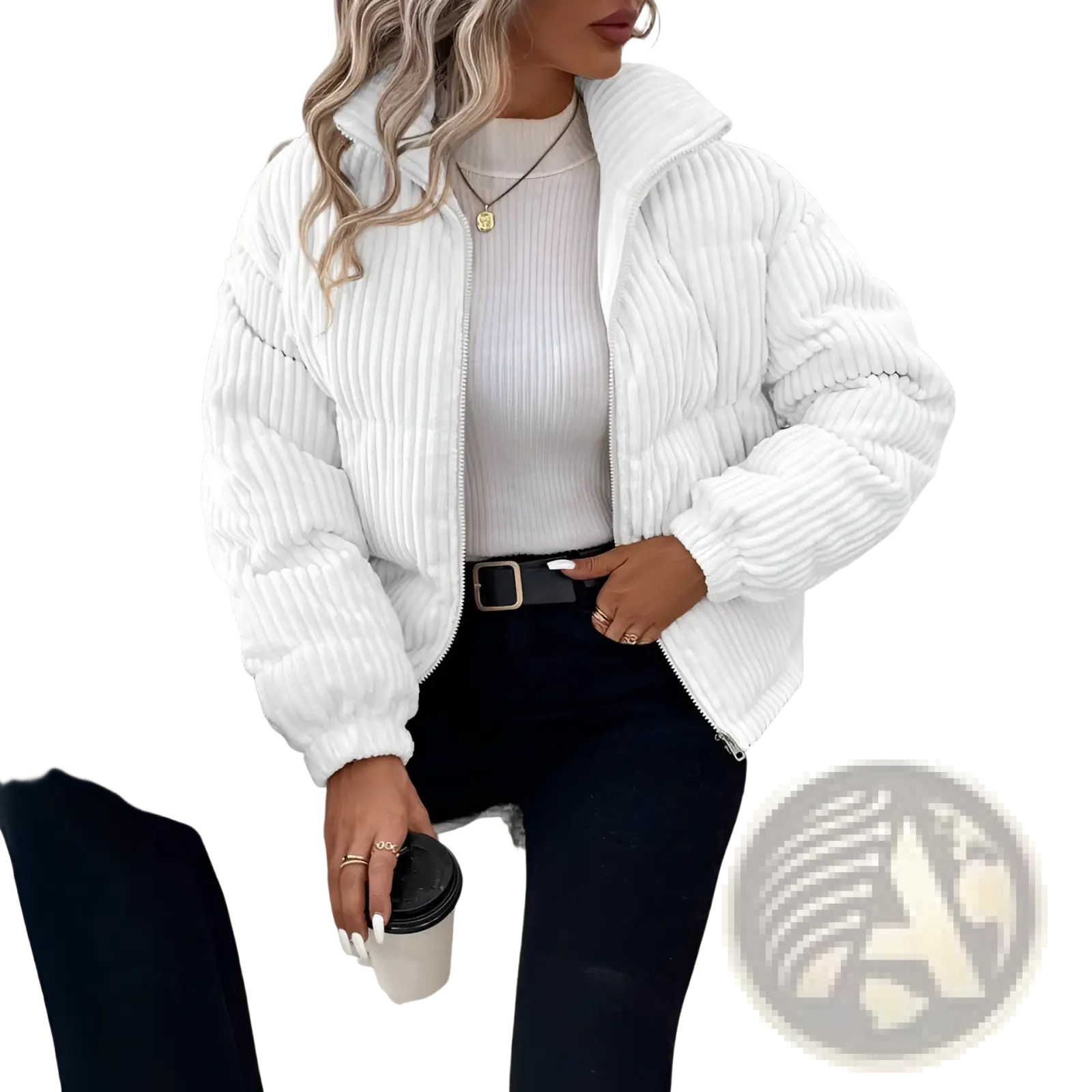 White corduroy puffer jacket with high collar and zipper front for plus size women winter coat