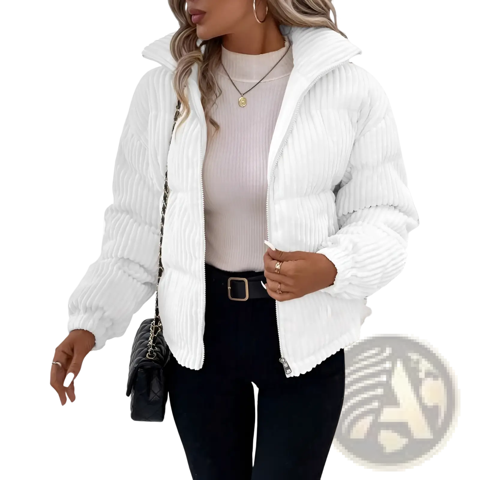 White ribbed corduroy puffer jacket for plus size women winter coat shown from the back side