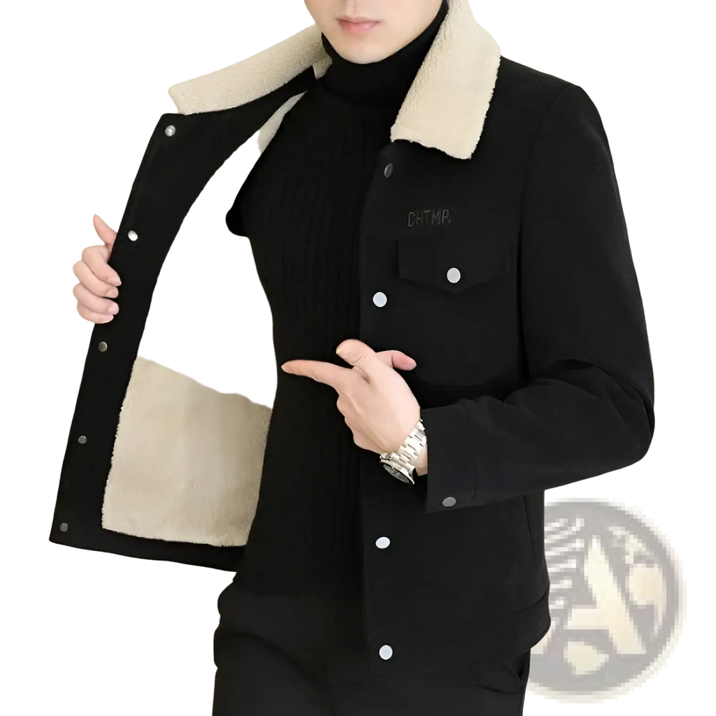 Black corduroy shearling fleece jacket for men with plush beige collar and white buttons front view