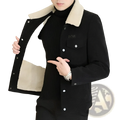 Black corduroy shearling fleece jacket for men with plush beige collar and white buttons front view