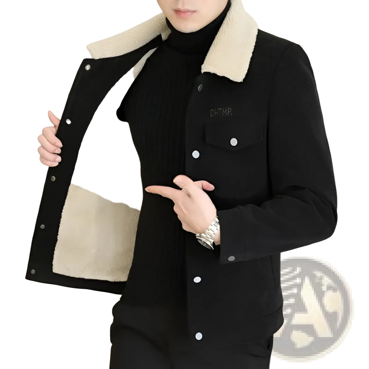 Black corduroy shearling fleece jacket for men with plush beige collar and white buttons front view