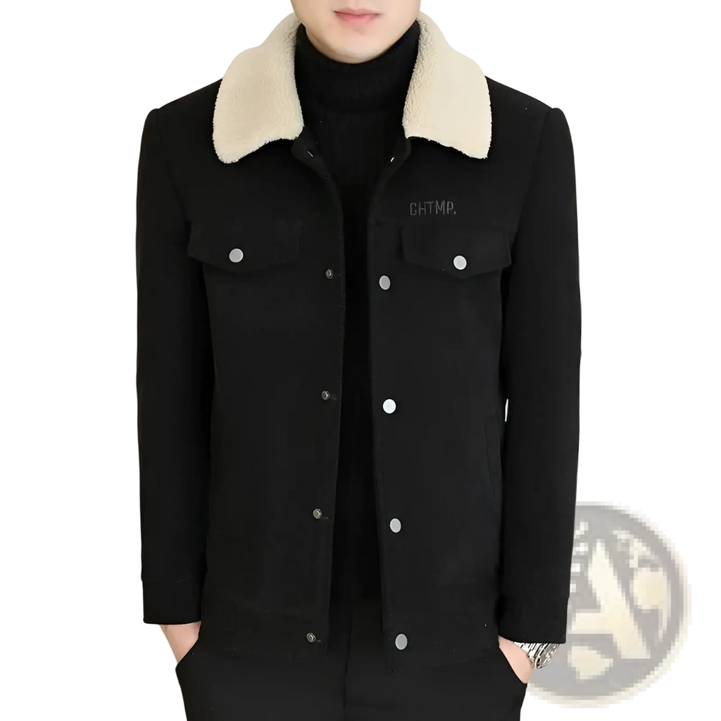 Black corduroy shearling fleece jacket for men with silver buttons and subtle embroidered logo on the chest