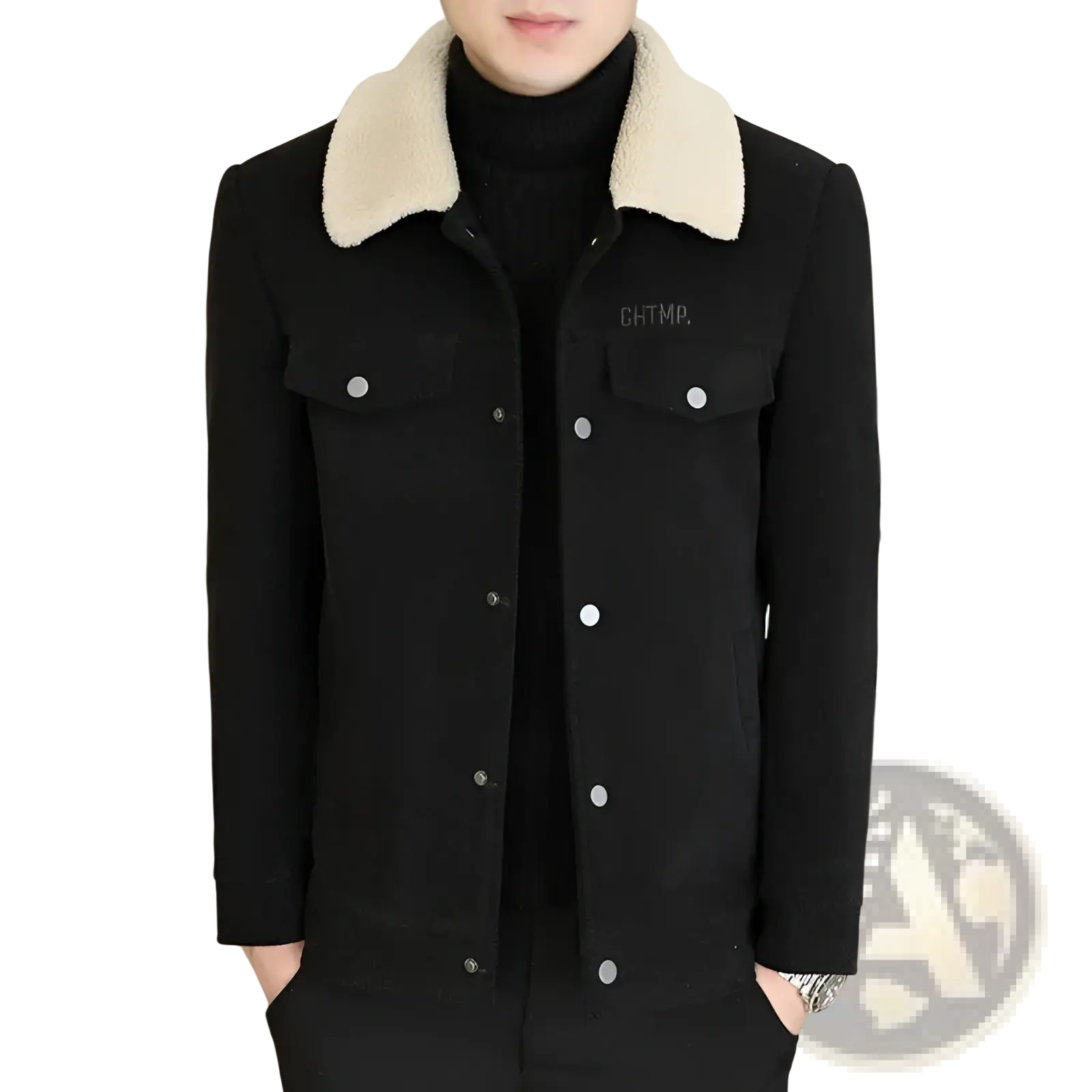 Black corduroy shearling fleece jacket for men with silver buttons and subtle embroidered logo on the chest