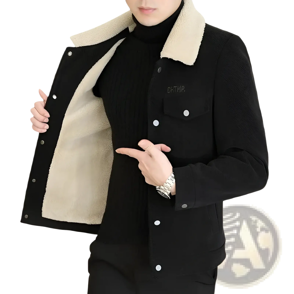 Black corduroy shearling fleece jacket for men with cream fleece collar and front button closure