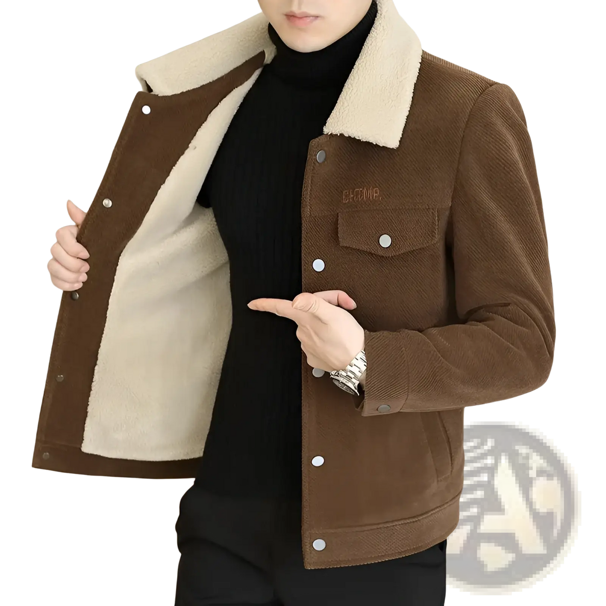 Brown corduroy shearling fleece jacket for men with cream plush collar and front button closure
