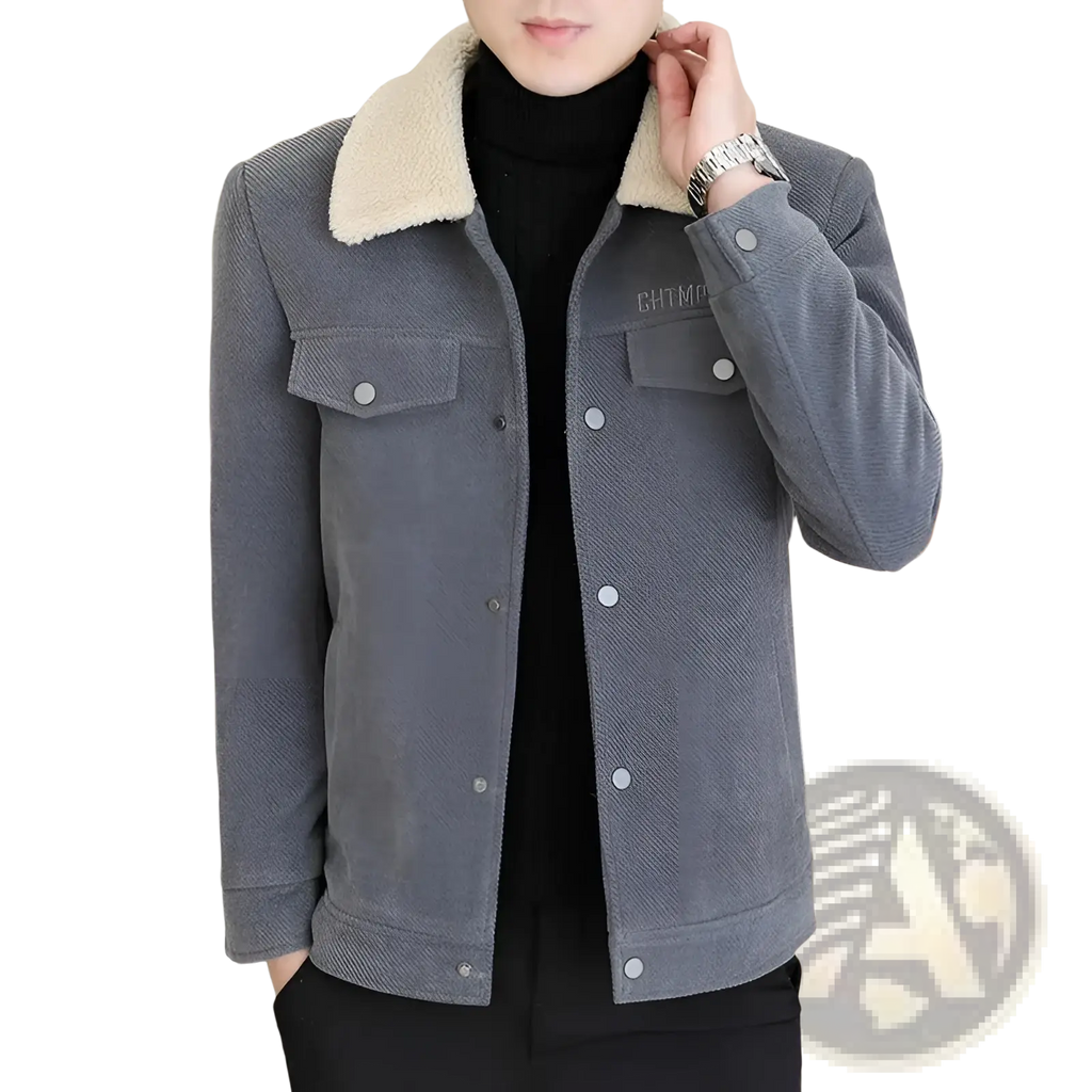 Gray corduroy shearling fleece jacket men with plush beige collar and silver buttons for casual outerwear