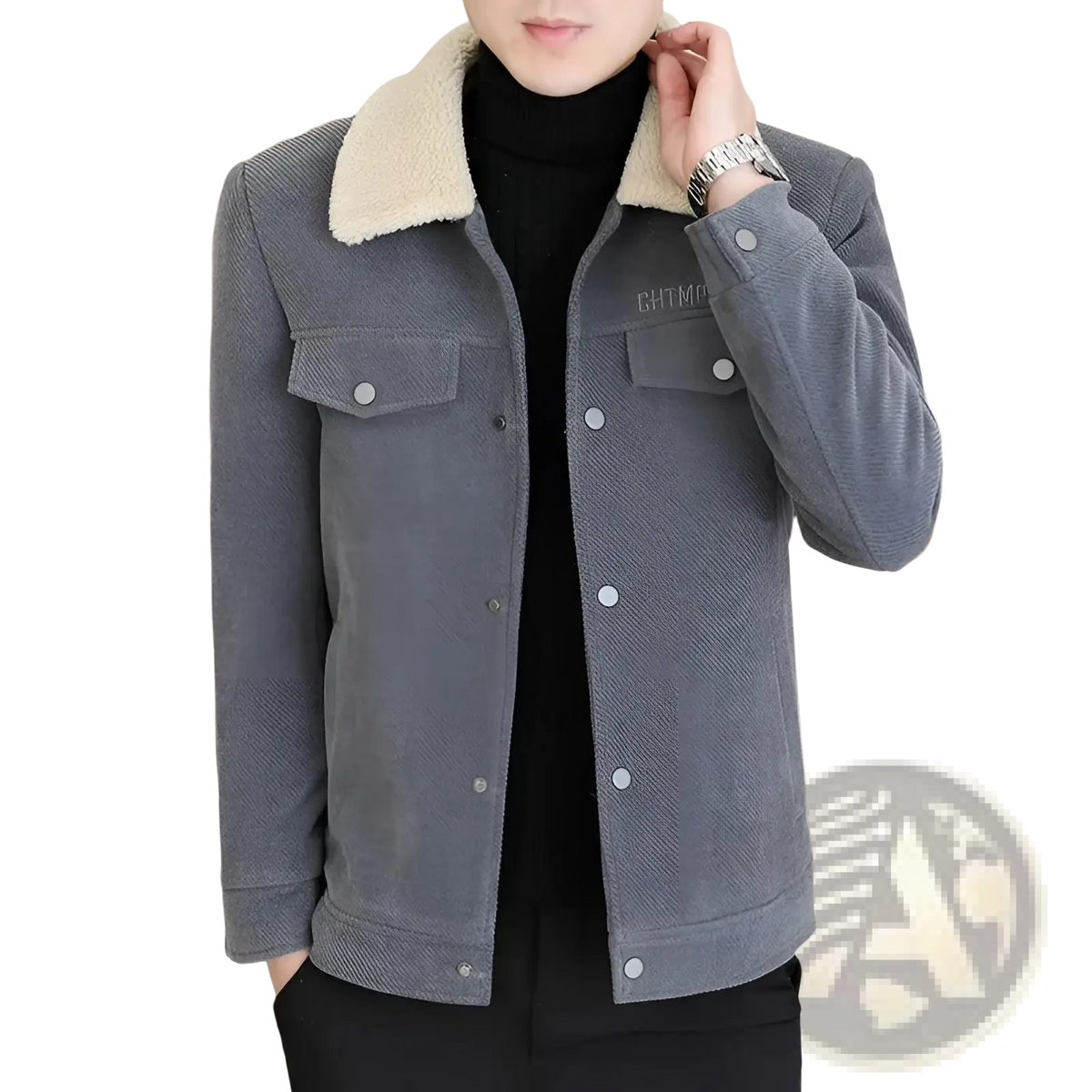 Gray corduroy shearling fleece jacket men with plush beige collar and silver buttons for casual outerwear
