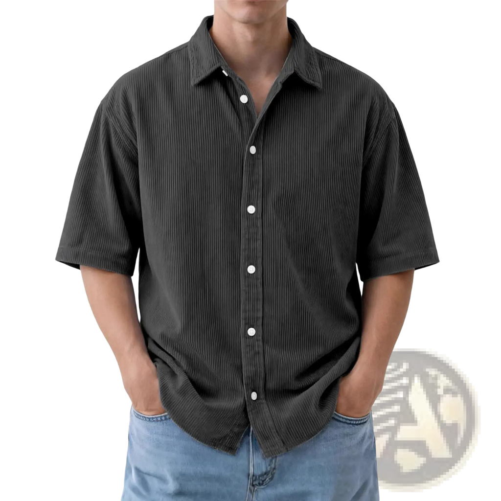 Dark gray corduroy short sleeve mens loose casual button up shirt with white buttons