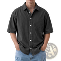 Dark gray corduroy short sleeve mens loose casual button up shirt with white buttons