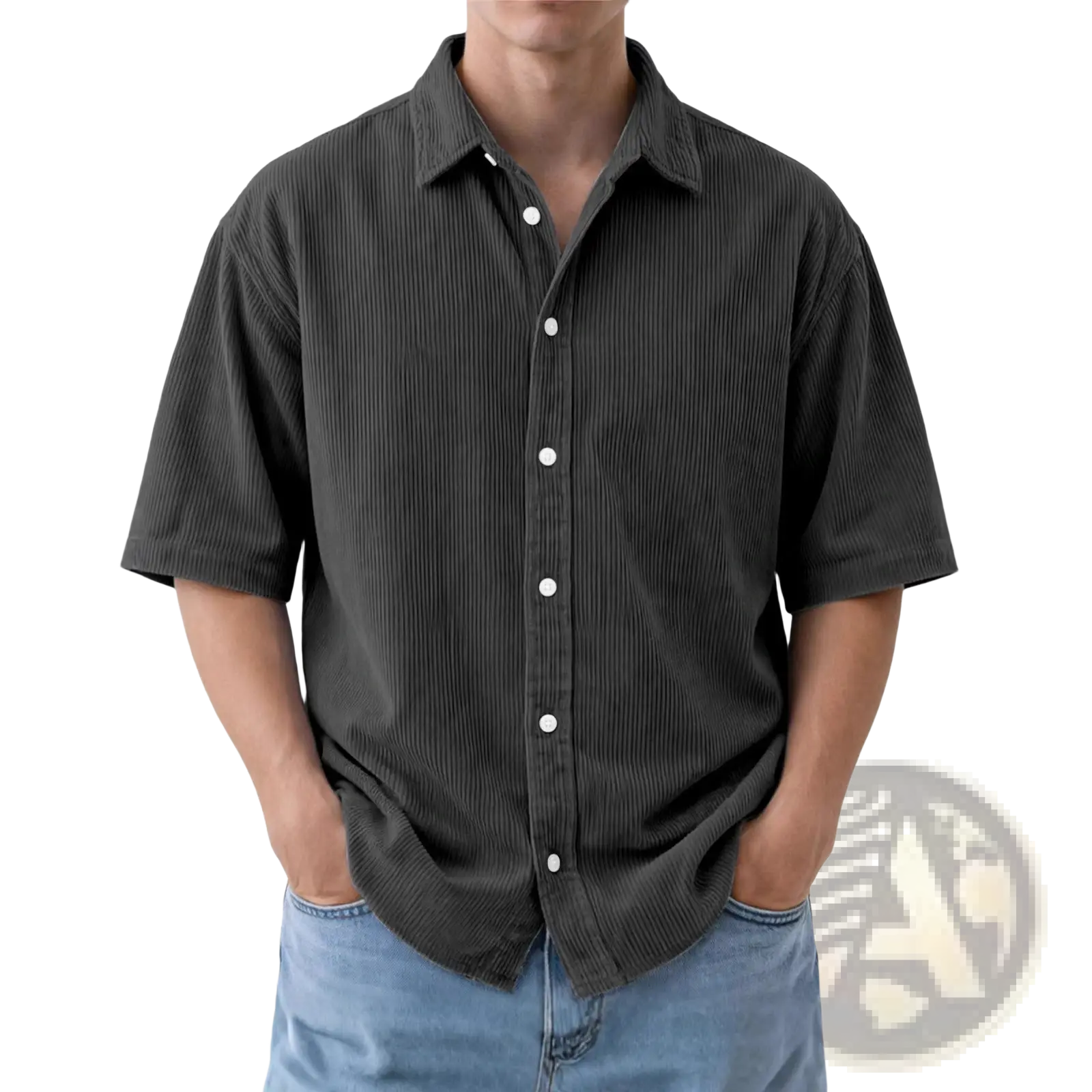 Dark gray corduroy short sleeve mens loose casual button up shirt with white buttons