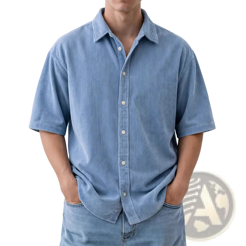 Light blue corduroy short sleeve shirt with vertical stripes and white buttons for mens casual loose wear