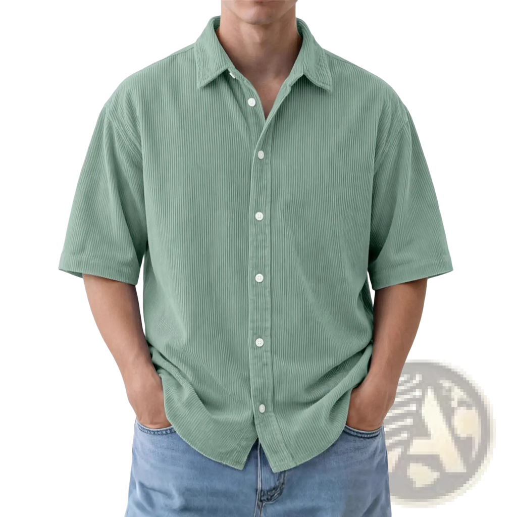 A soft sage green corduroy short sleeve mens loose casual button up shirt with classic collar and white buttons