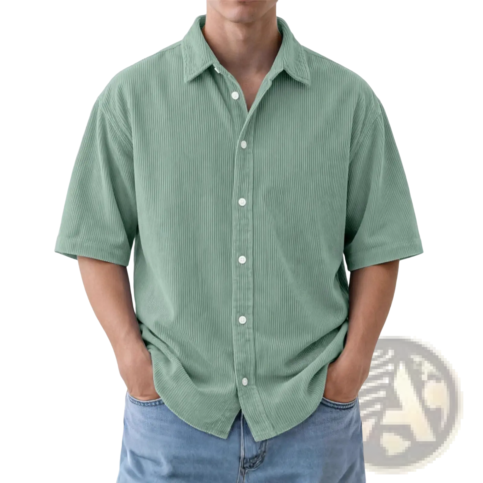 A soft sage green corduroy short sleeve mens loose casual button up shirt with classic collar and white buttons