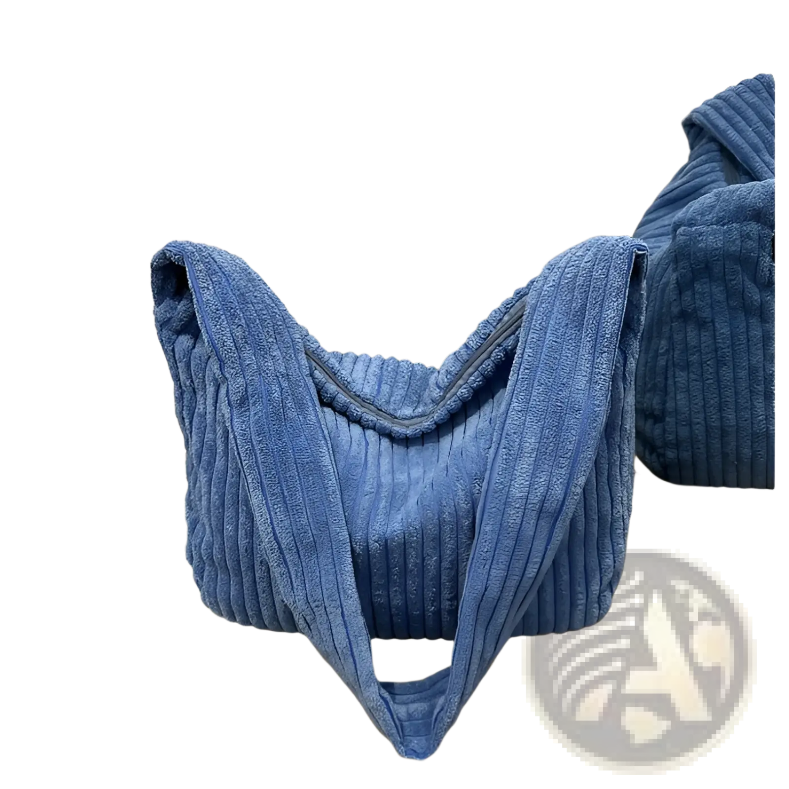 Blue corduroy shoulder tote bag with thick ribbed texture and wide straps for minimalist streetwear use