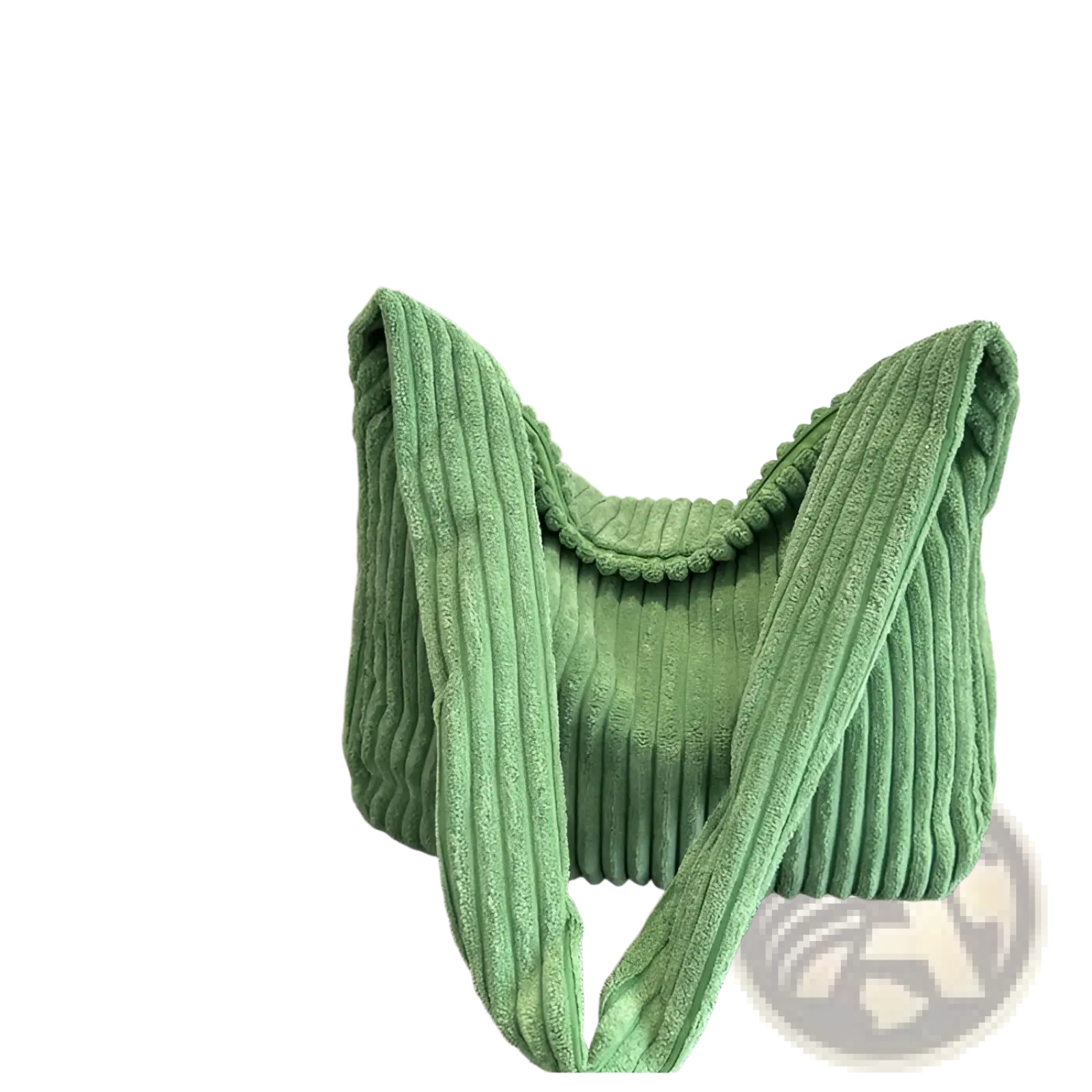 A soft mint-green corduroy shoulder tote bag with plush ribbed texture and wide matching straps for minimalist streetwear