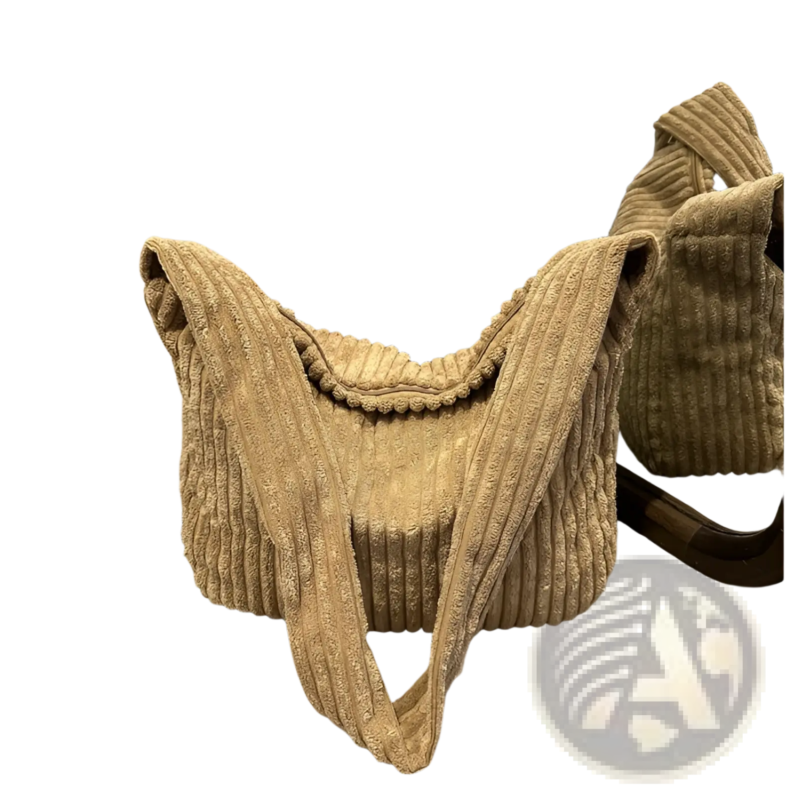 Tan corduroy shoulder tote bag with ribbed texture and decorative beaded trim for minimalist streetwear use