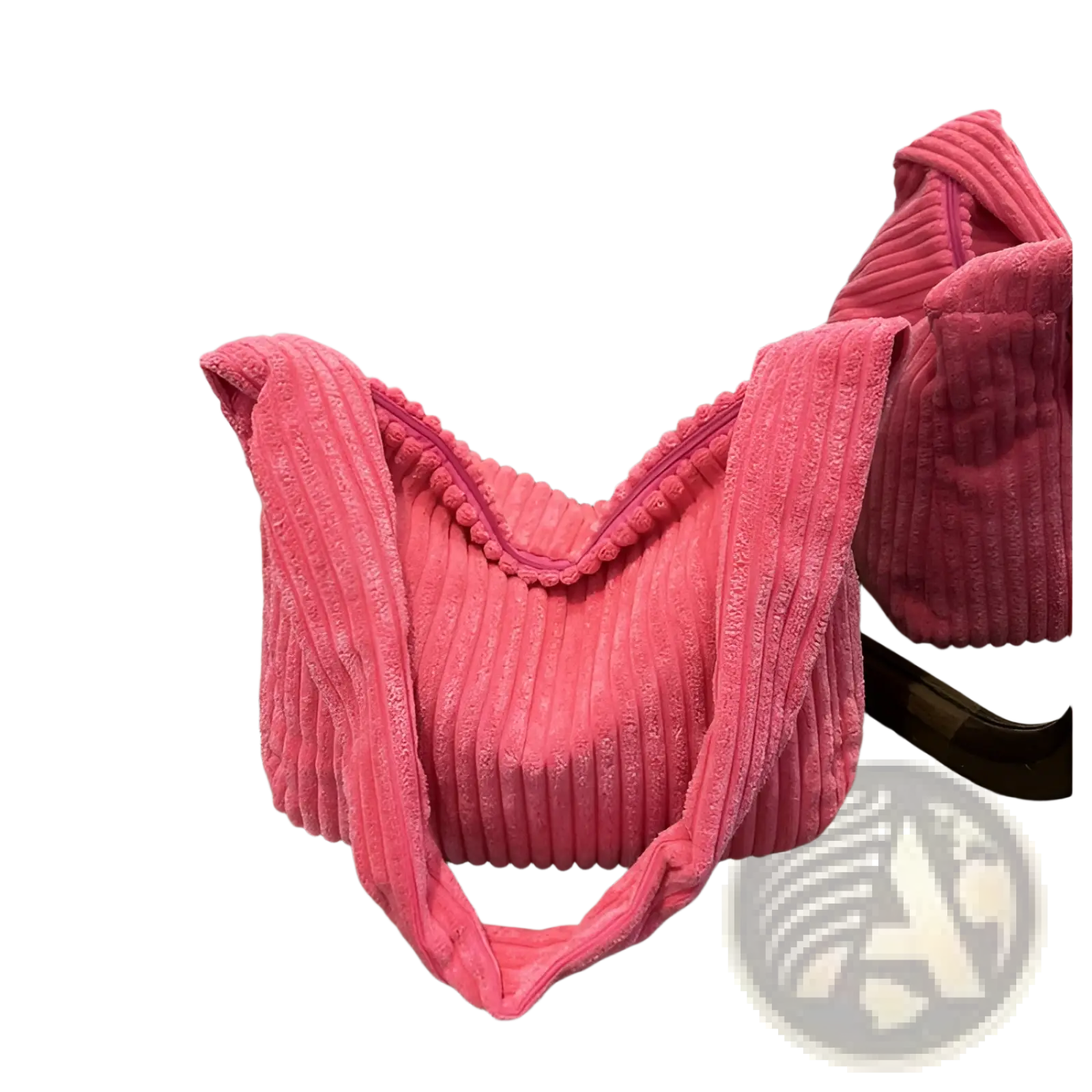 A vibrant pink corduroy shoulder tote bag with ribbed texture and matching zipper closure for minimalist streetwear
