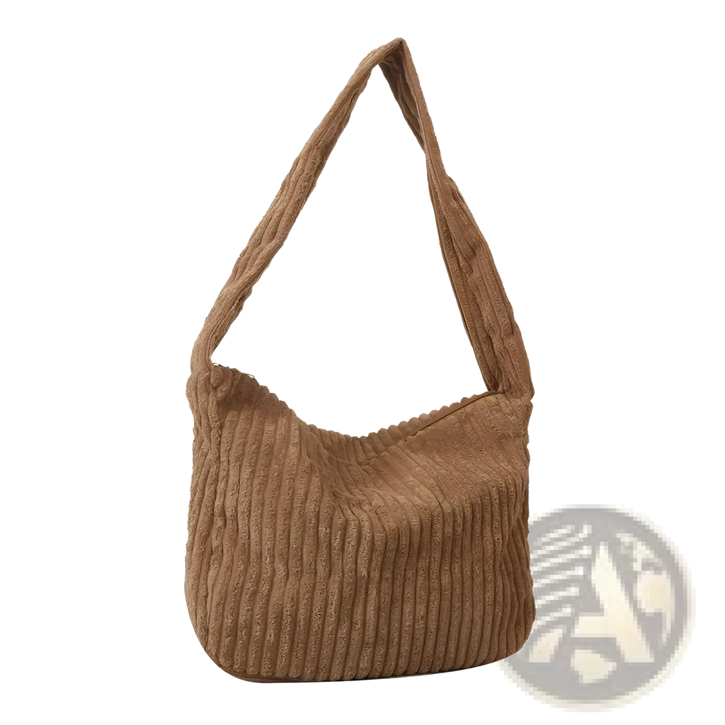 A cozy tan corduroy shoulder tote bag with soft ribbed texture and minimalist streetwear design