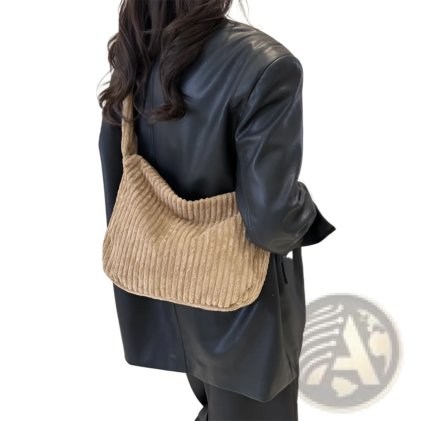 Tan corduroy shoulder tote bag with ribbed texture and single strap designed for minimalist streetwear use