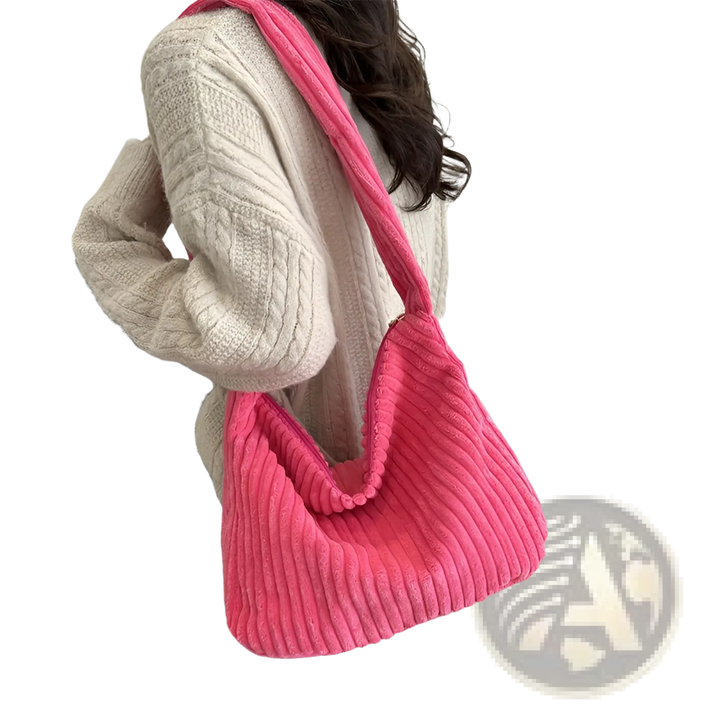 Vibrant pink corduroy shoulder tote bag with thick ribbed texture and matching strap for minimalist streetwear use