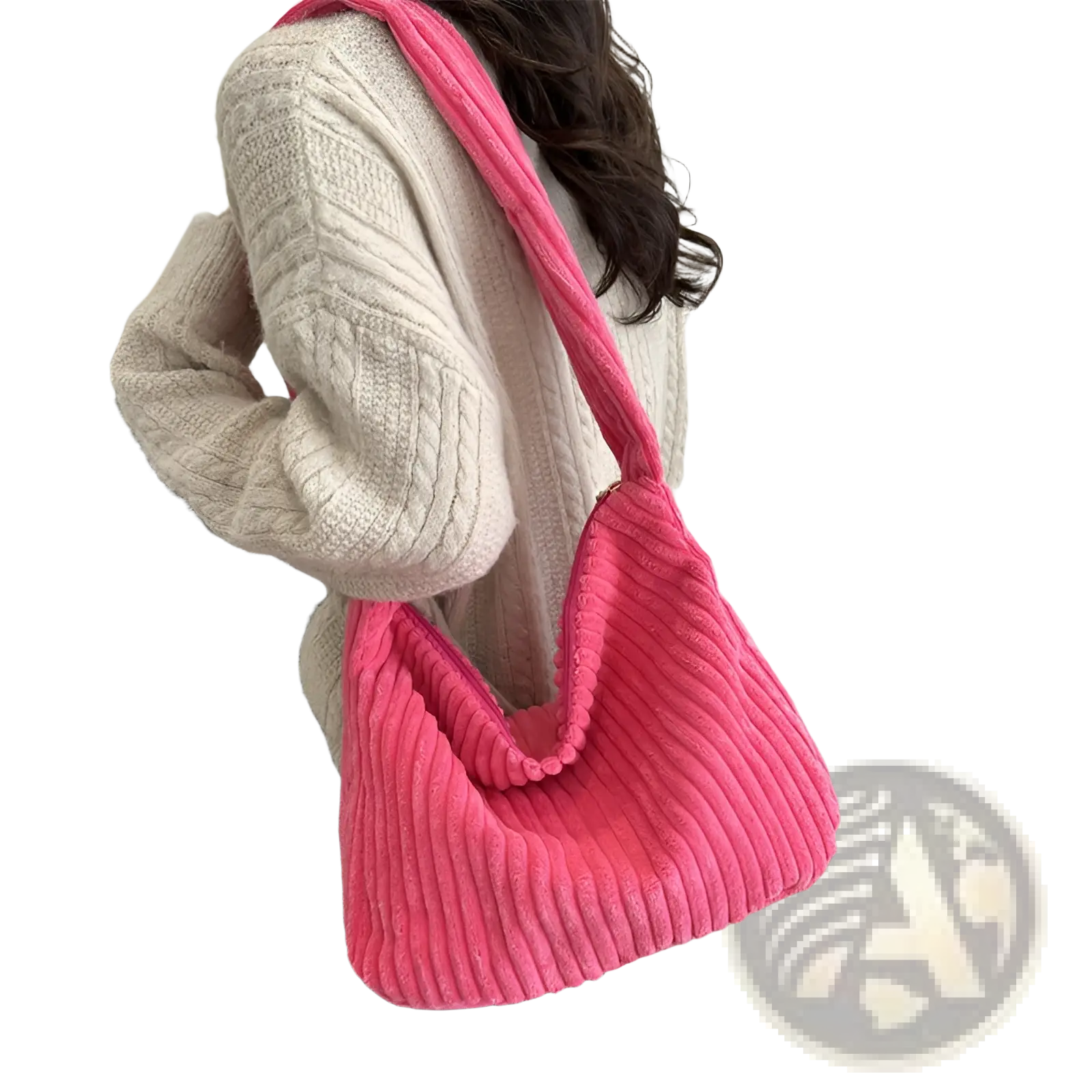 Vibrant pink corduroy shoulder tote bag with thick ribbed texture and matching strap for minimalist streetwear use